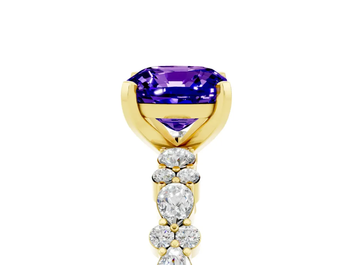 Cushion Cut Tanzanite Side Stone Solitaire Ring with Round and Four-Prong Setting Yellow gold