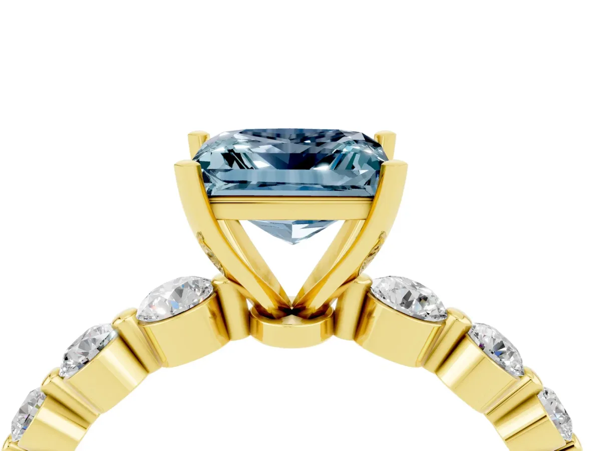 Princess Cut Solitaire Aquamarine Ring with Pave Band and Four-Prong Setting Yellow gold