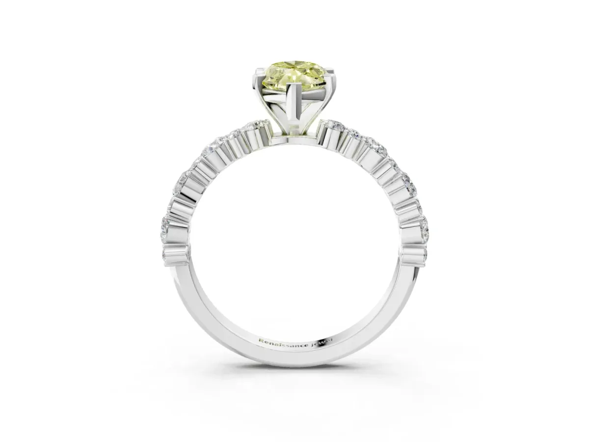 Fancy Yellow Marquise Cut Diamond Side Stone Solitaire Ring with Round and Four-Prong Setting Platinum