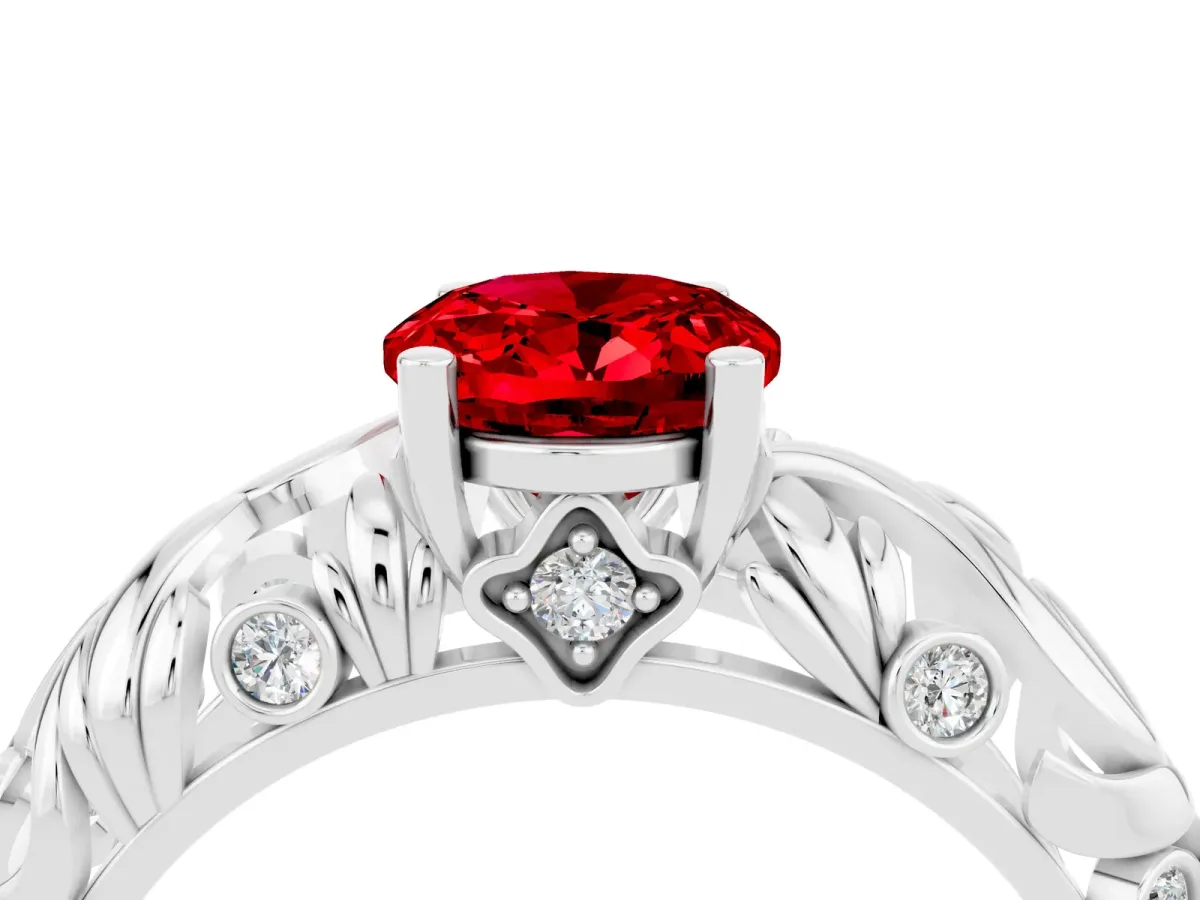 Oval Cut Solitaire Ruby Leaf-Inspired Vine Band Ring with Prong Setting White gold