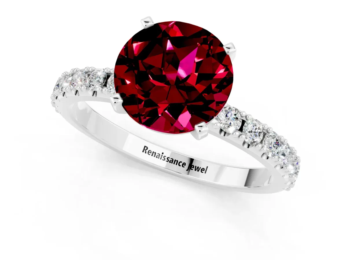 Round Cut Garnet Solitaire Pavé Band with Four-Prong Setting Silver