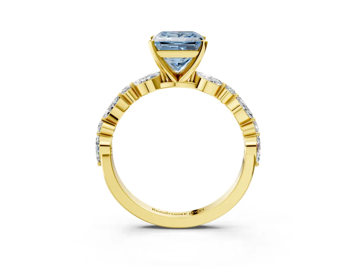 Fancy Blue Princess Cut Diamond Ring with Marquise and Round Side Stones and Four-Prong Setting Yellow gold