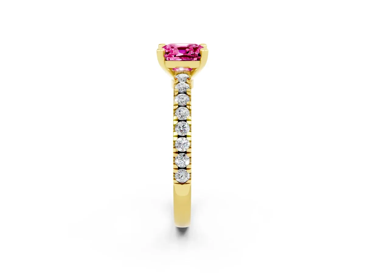 Cushion Cut Solitaire Pink Sapphire with Pavé Band and Four-Prong Setting Yellow gold