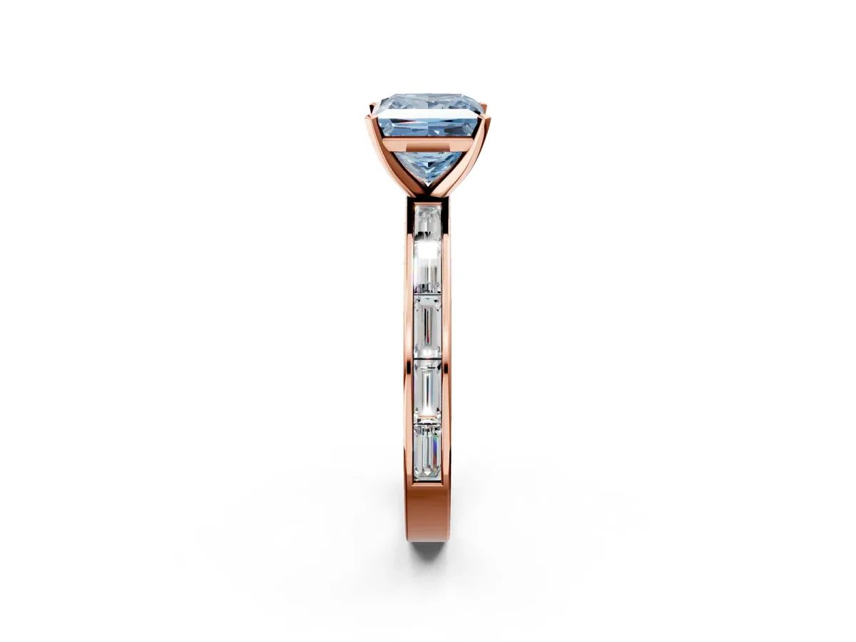 Fancy Blue Princess Cut Solitaire Diamond Ring with Channel-Set Baguette Band and Four-Prong Setting Rose gold