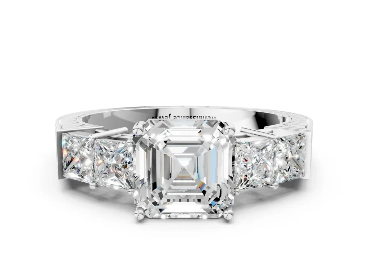 Round Cut Solitaire Princess Side Stone Engraved Band Prong Setting Ring Platinum