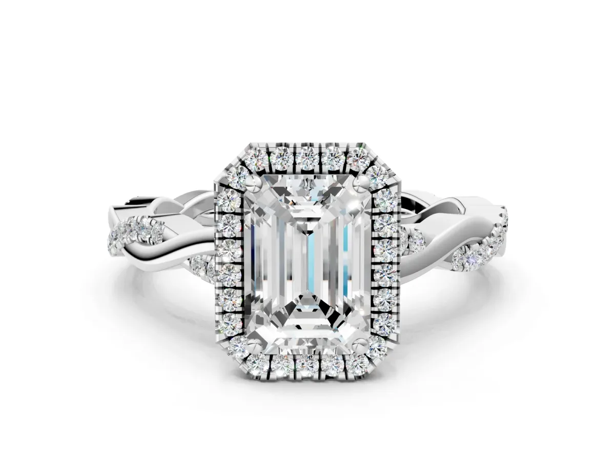 Emerald Cut Cut Halo Twisted Band Four-Prong Ring White gold
