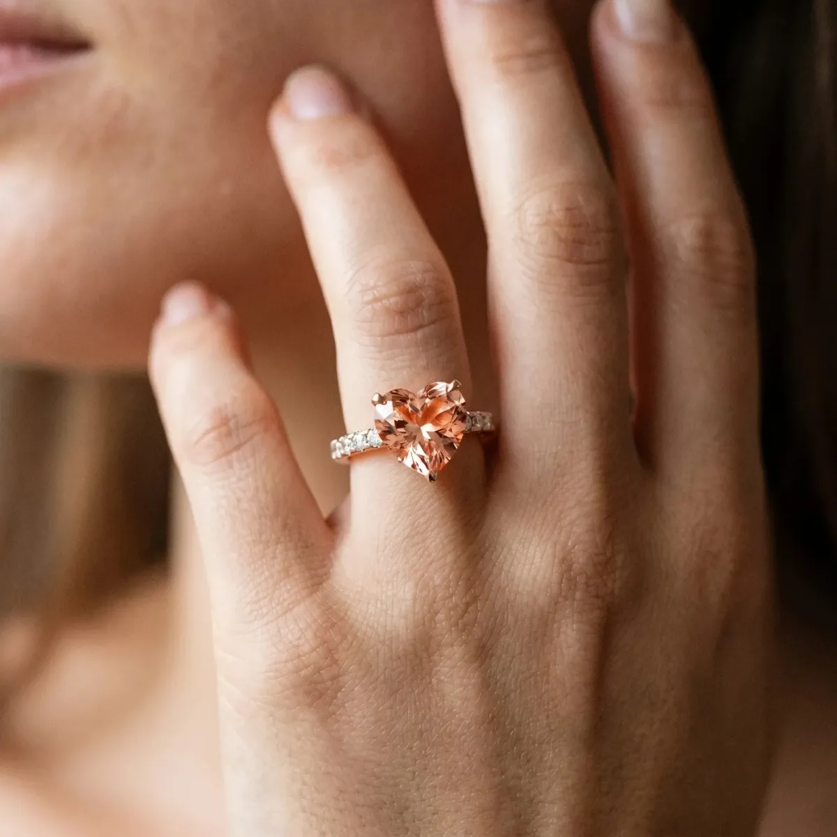 Heart Cut Morganite Solitaire Ring with Round Pavé Band and Four-Prong Setting Rose gold