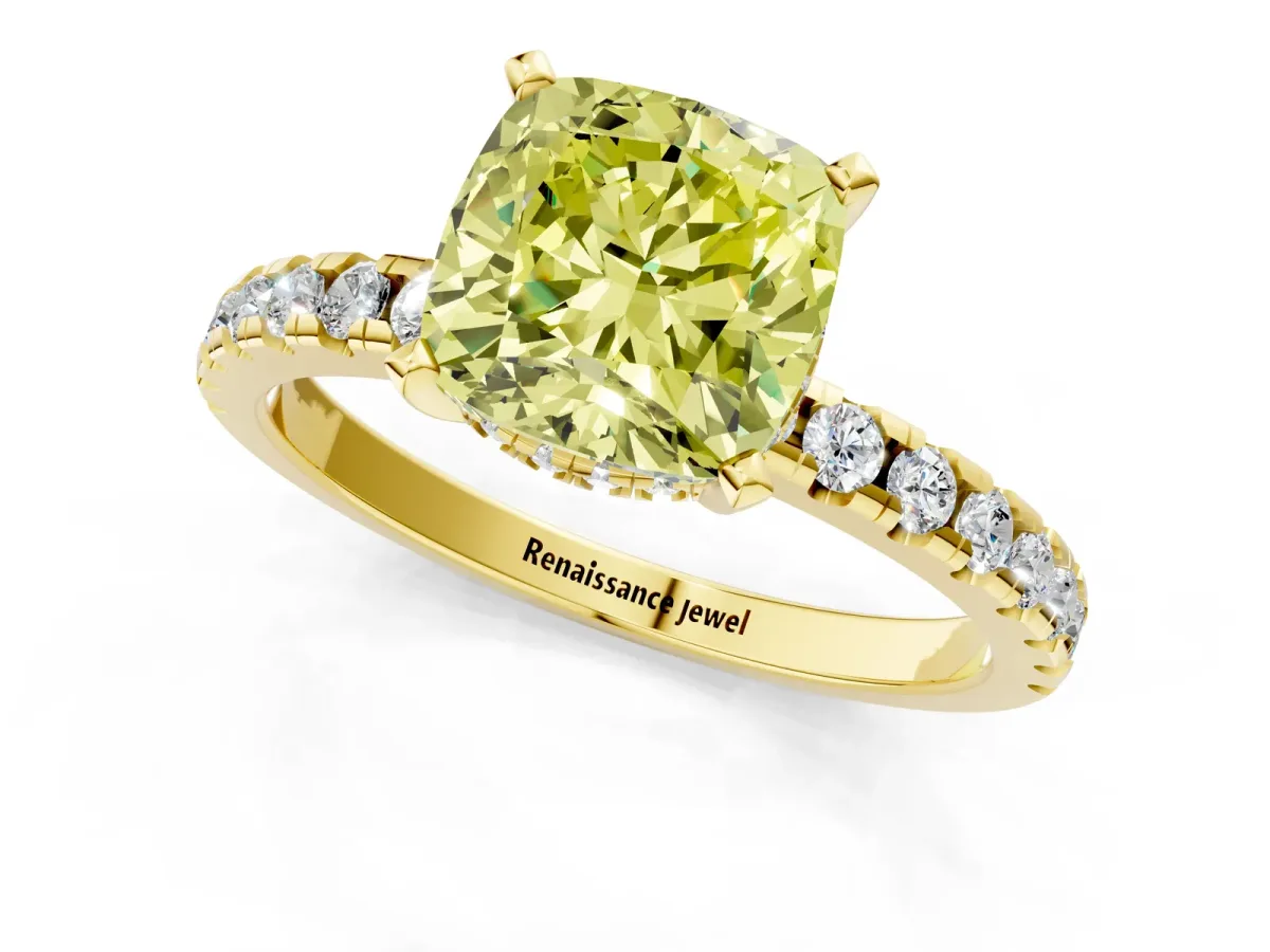 Fancy Yellow Cushion Cut Diamond Solitaire Ring with Round Pavé Band and Four-Prong Setting Yellow gold