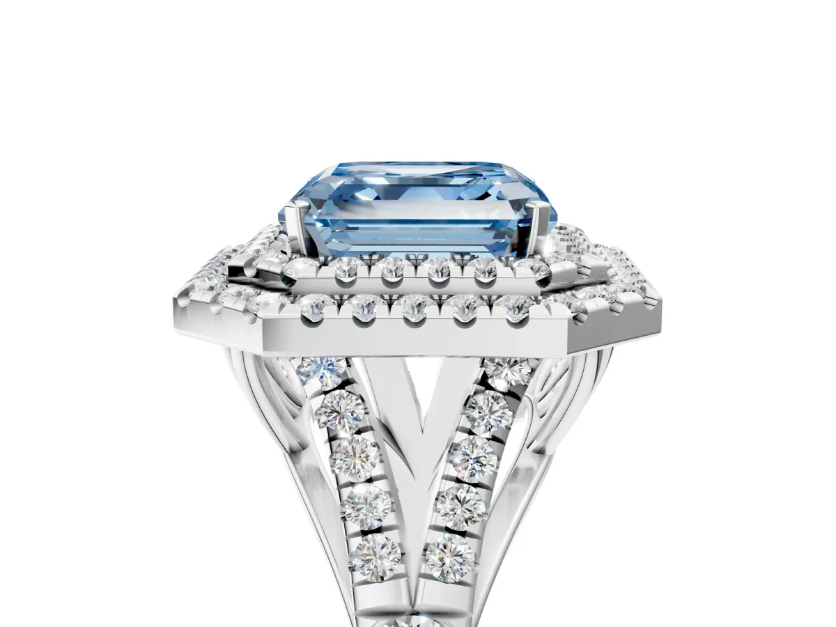 Fancy Blue Asscher Cut Diamond Double Halo Ring with Split Shank and Prong Setting Silver