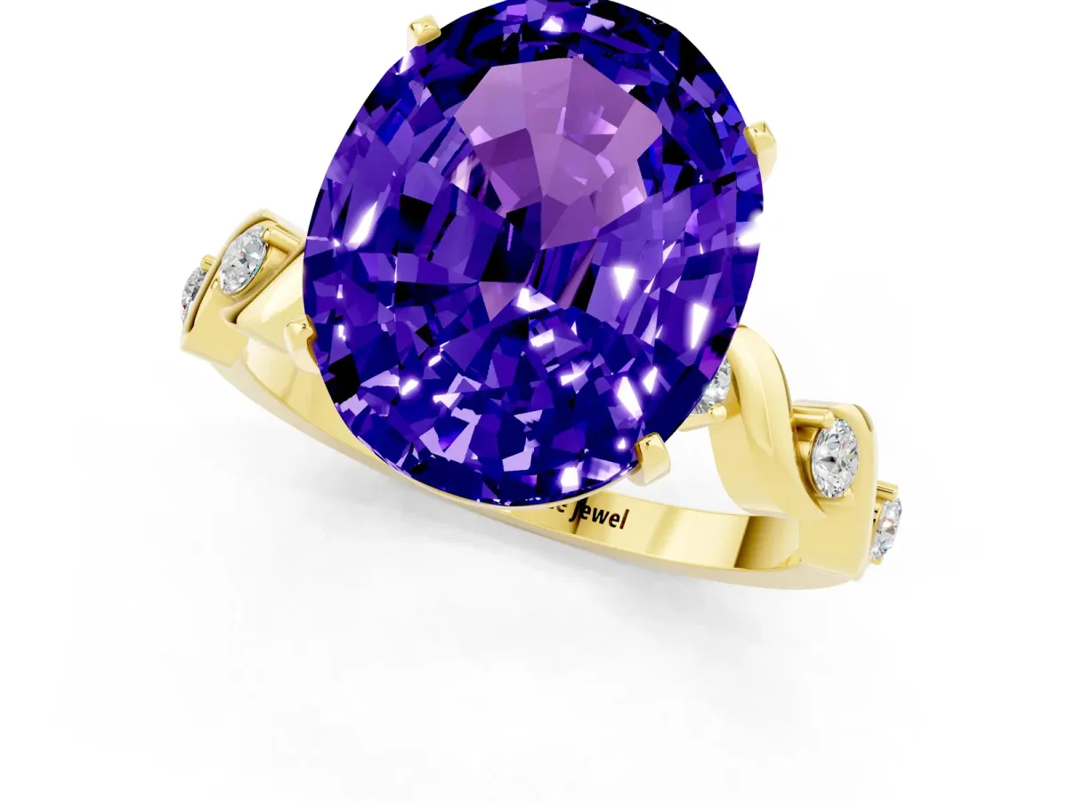 Oval Cut Tanzanite Solitaire Twisted Band with Round Accents and Prong Setting Yellow gold