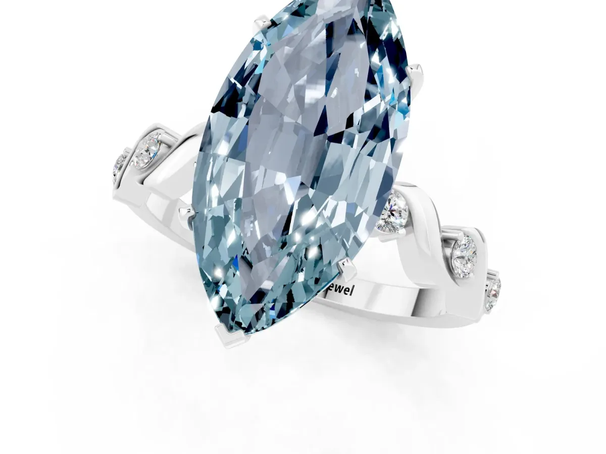 Marquise Cut Aquamarine Solitaire Twisted Band with Round Accents and Prong Setting Platinum