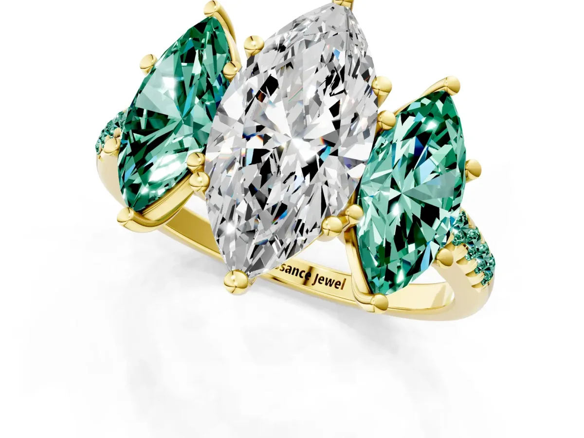 Three-Stone Marquise Cut Diamond Ring with Round Green Sapphire Pavé Band and Prong Setting Yellow gold