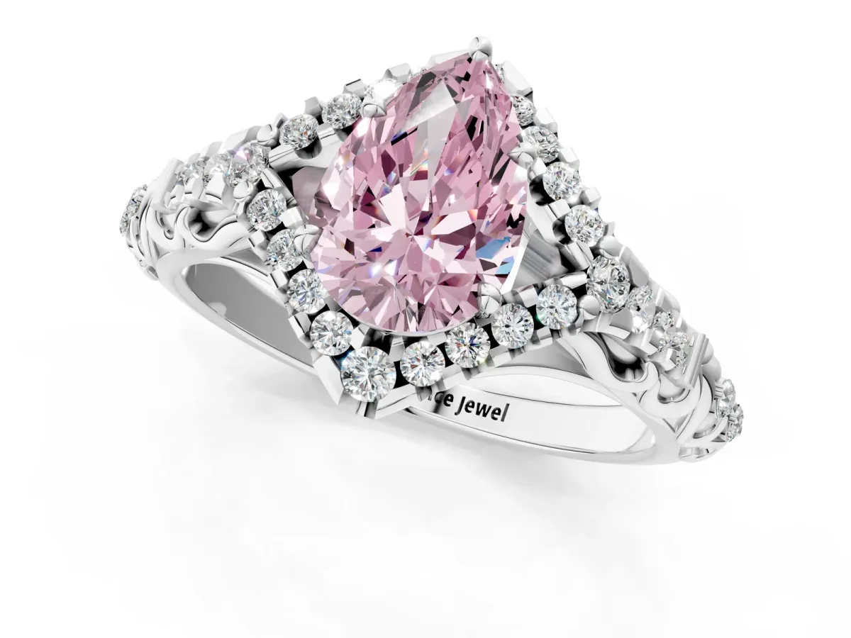 Fancy Pink Pear Cut Diamond Solitaire Ring with Hidden Halo and Pavé Band White gold
