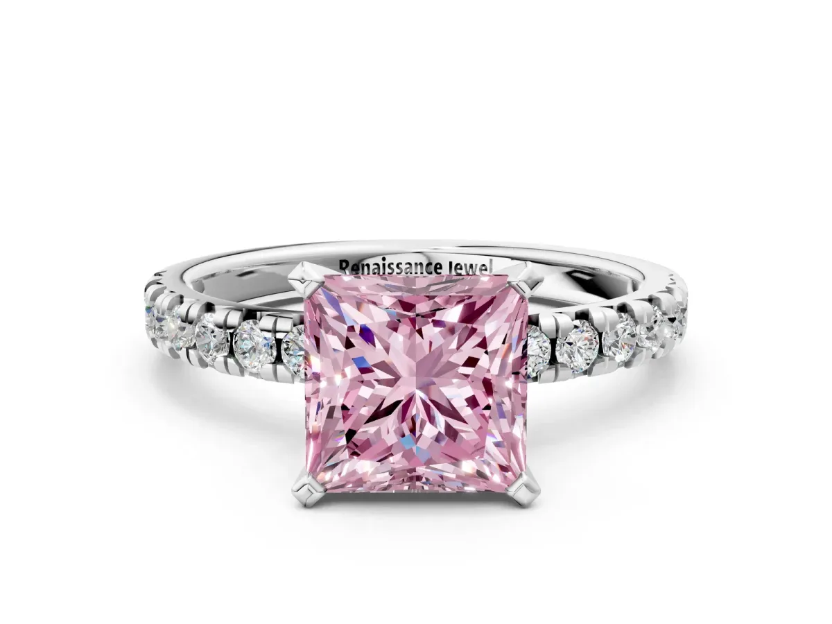 Fancy Pink Princess Cut Diamond Solitaire Pavé Engagement Ring with Round Band and Prong Setting White gold
