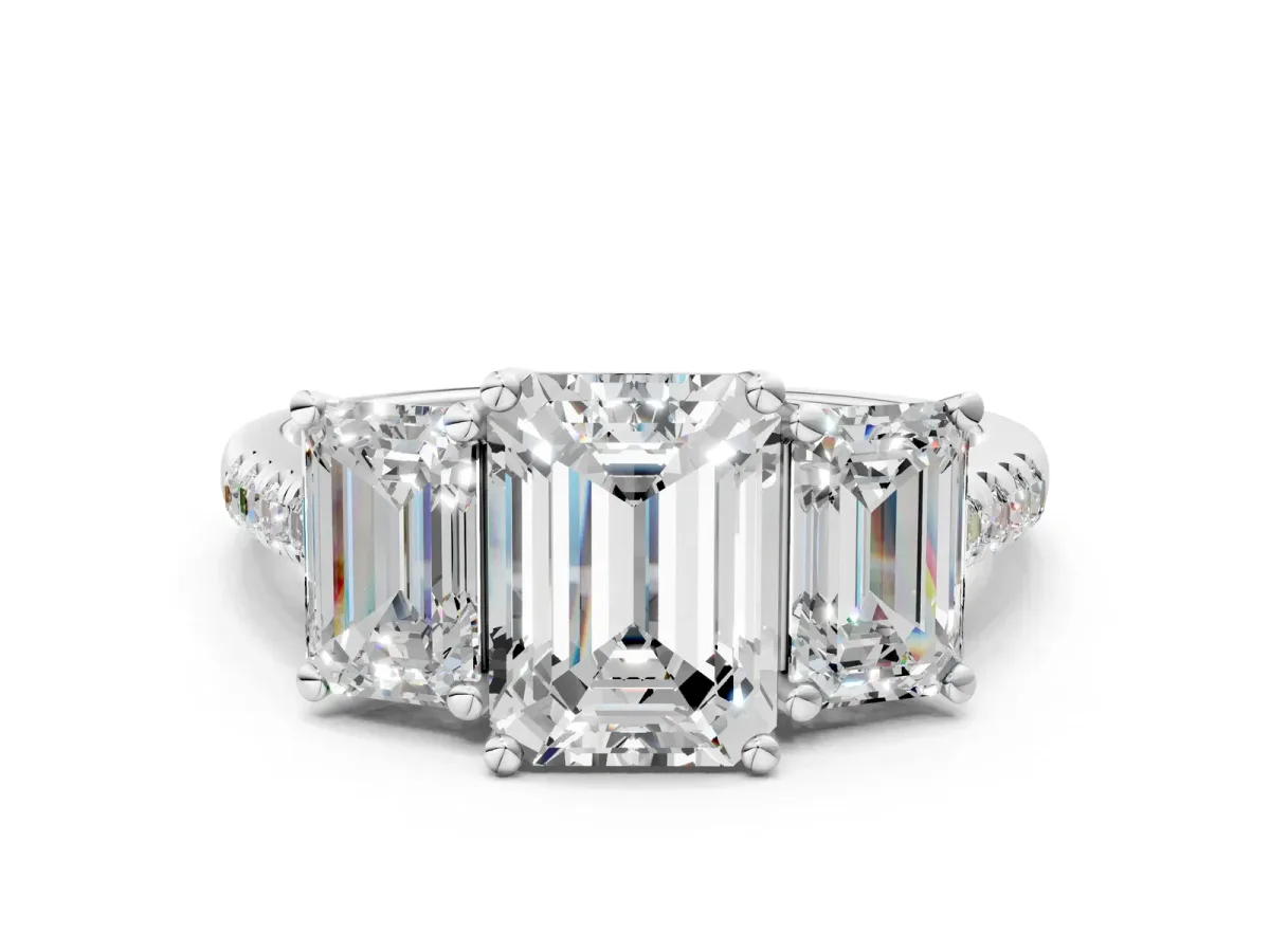 Three-Stone Emerald Cut Diamond Ring with Round Pavé Band and Prong Setting White gold