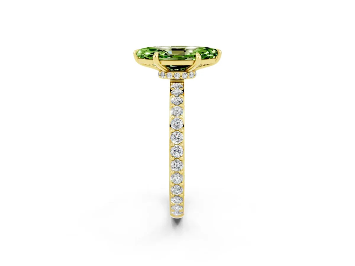 Marquise Cut Peridot Solitaire Engagement Ring with Pavé Band and Four-Prong Setting Yellow gold