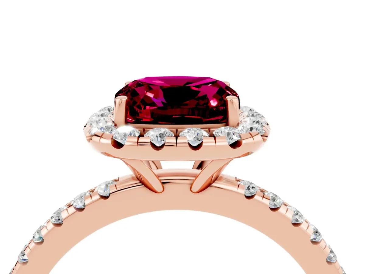 Cushion Cut Garnet Halo Ring with Round Pavé Band and Prong Setting Rose gold