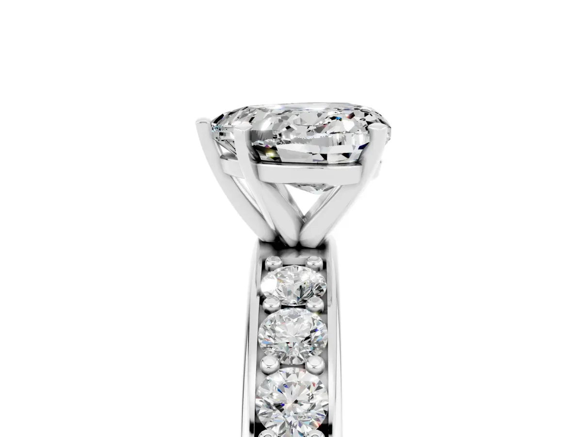 Heart Cut Moissanite Engagement Ring with Channel Set Round Band and Prong Setting White gold