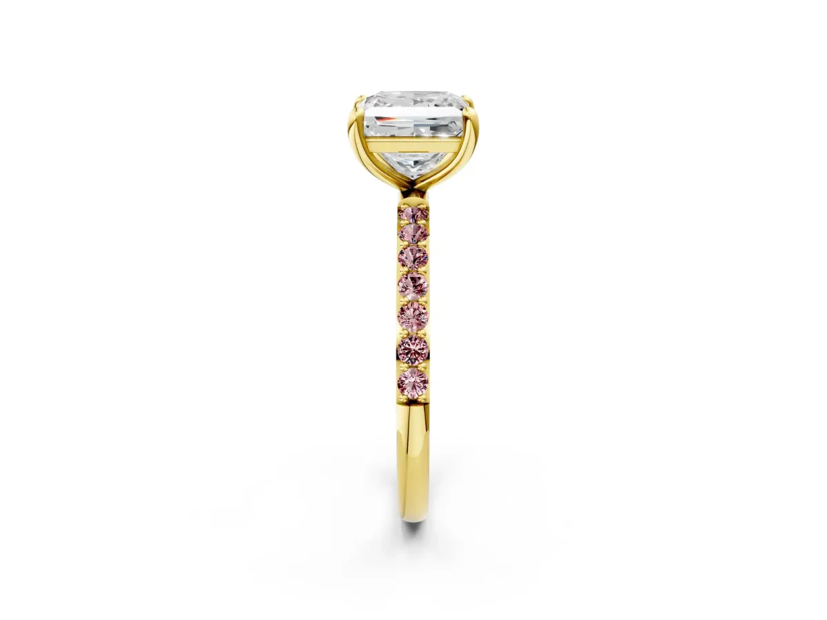 Princess Cut Diamond Solitaire Ring with Round Morganite Pavé Band and Prong Setting Yellow gold