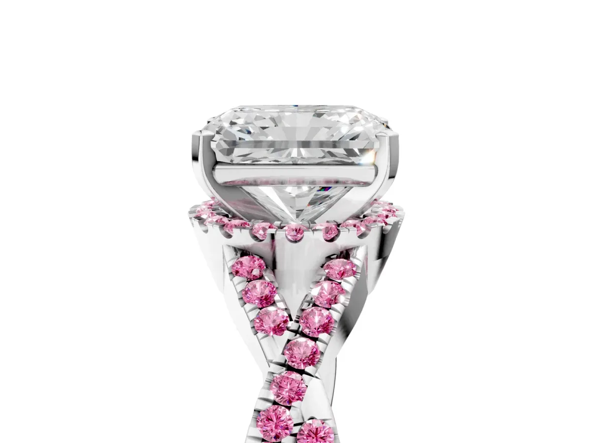 Radiant Cut Diamond Pink Sapphire Halo Twist Band Solitaire Prong Setting Ring White gold