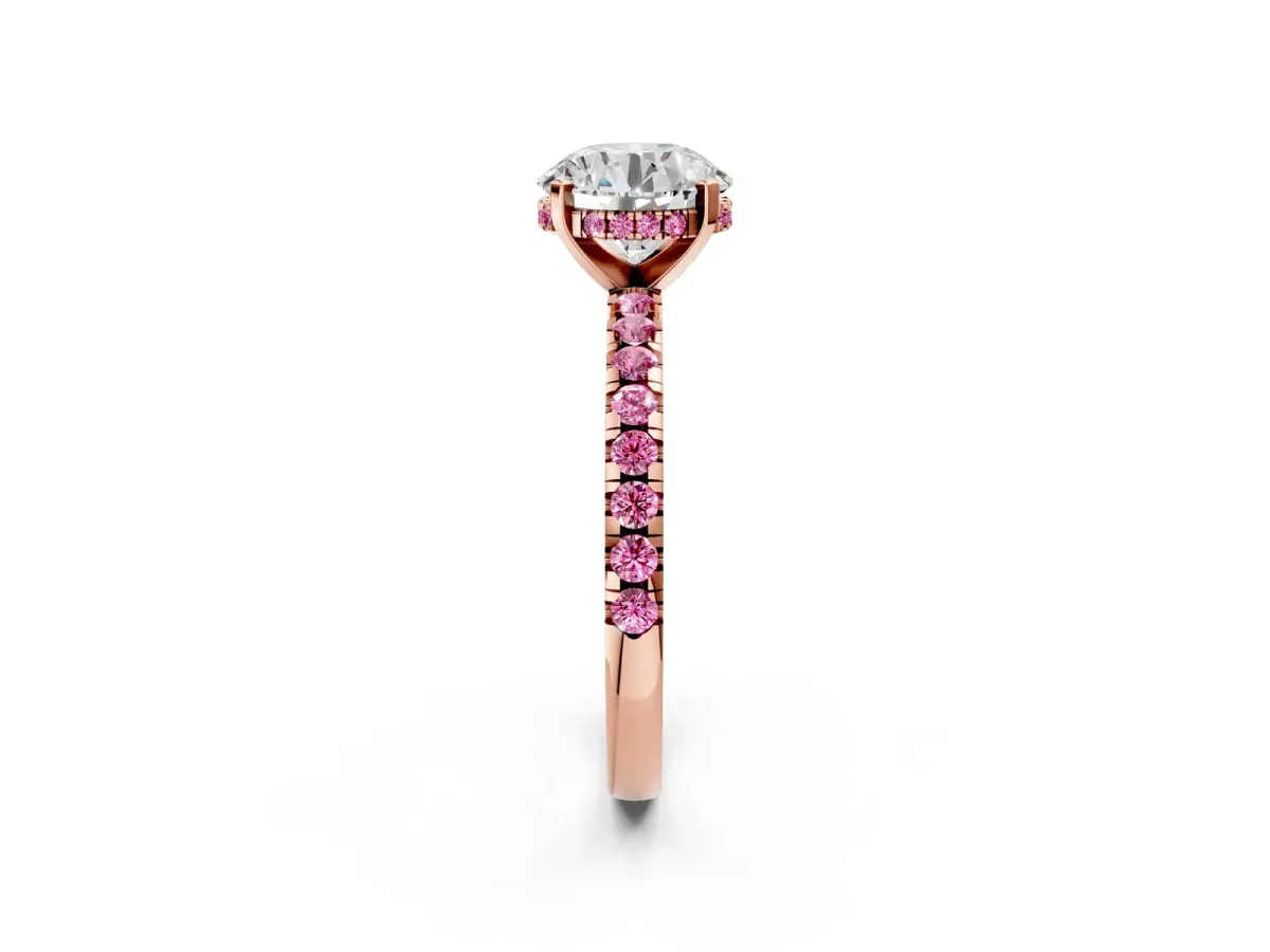 Round Cut Diamond Solitaire Ring with Round Pink Sapphire Pavé Band and Four-Prong Setting Rose gold