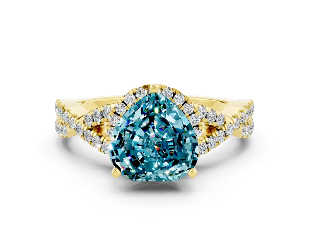 Heart Cut Blue Topaz Halo Twist Band Solitaire Prong Setting Ring Yellow gold