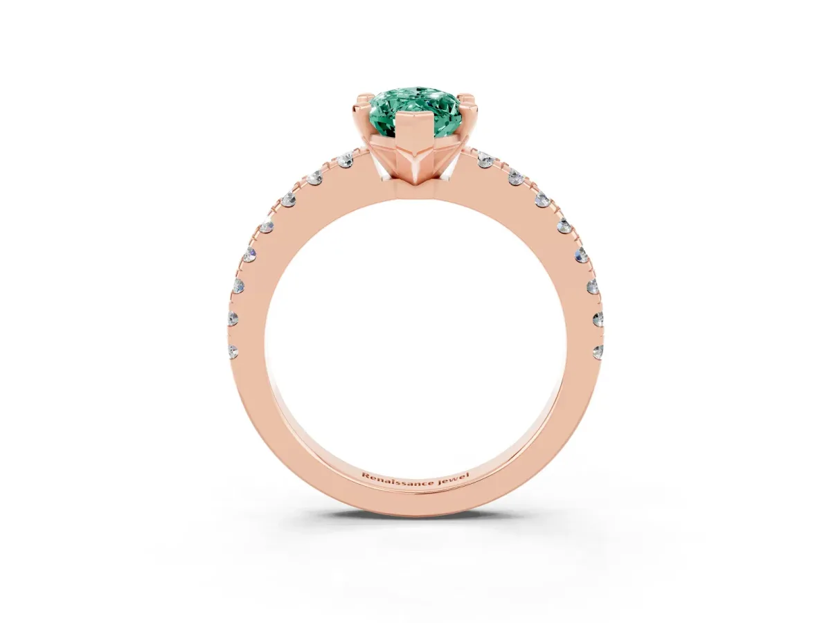 Marquise Cut Solitaire Green Sapphire with Pavé Band and Four-Prong Setting Rose gold