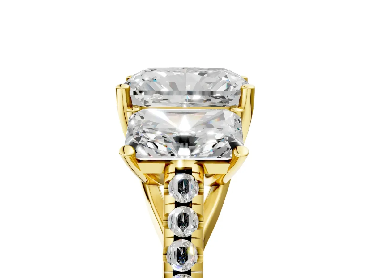 Three-Stone Radiant Cut Diamond Ring with Round Moissanite Pavé Band and Prong Setting Yellow gold