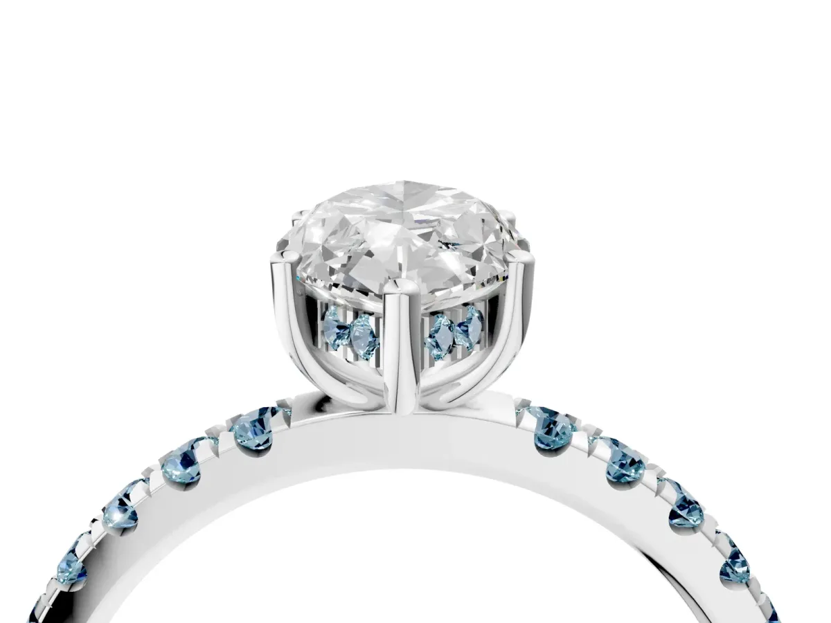 Marquise Cut Diamond Pave Band Solitaire Ring with Round Aquamarine and Prong Setting White gold