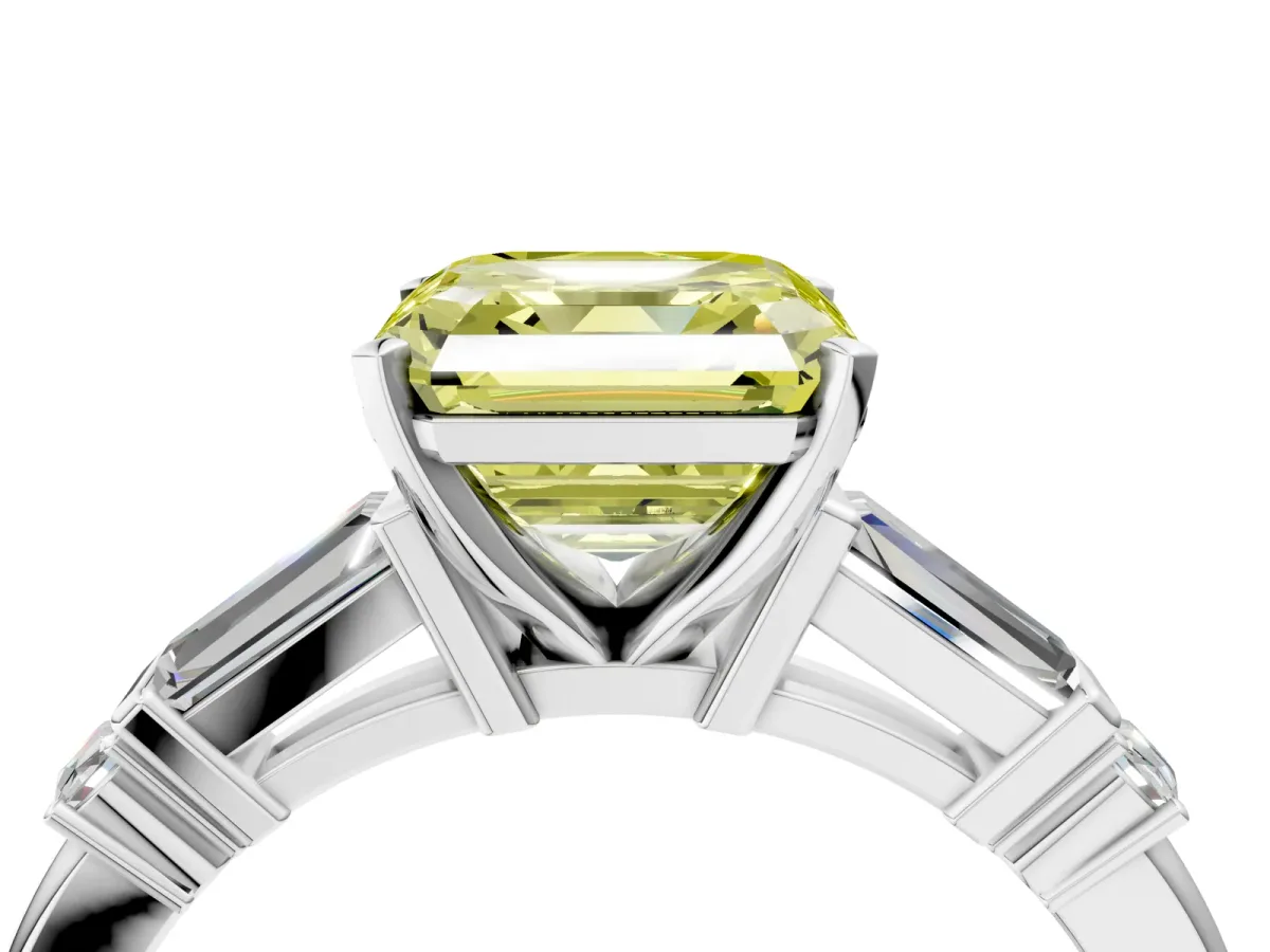 Fancy Yellow Asscher Cut Cut Diamond Ring with Baguette Side Stones, Channel Set Band, and Four-Prong Setting Platinum