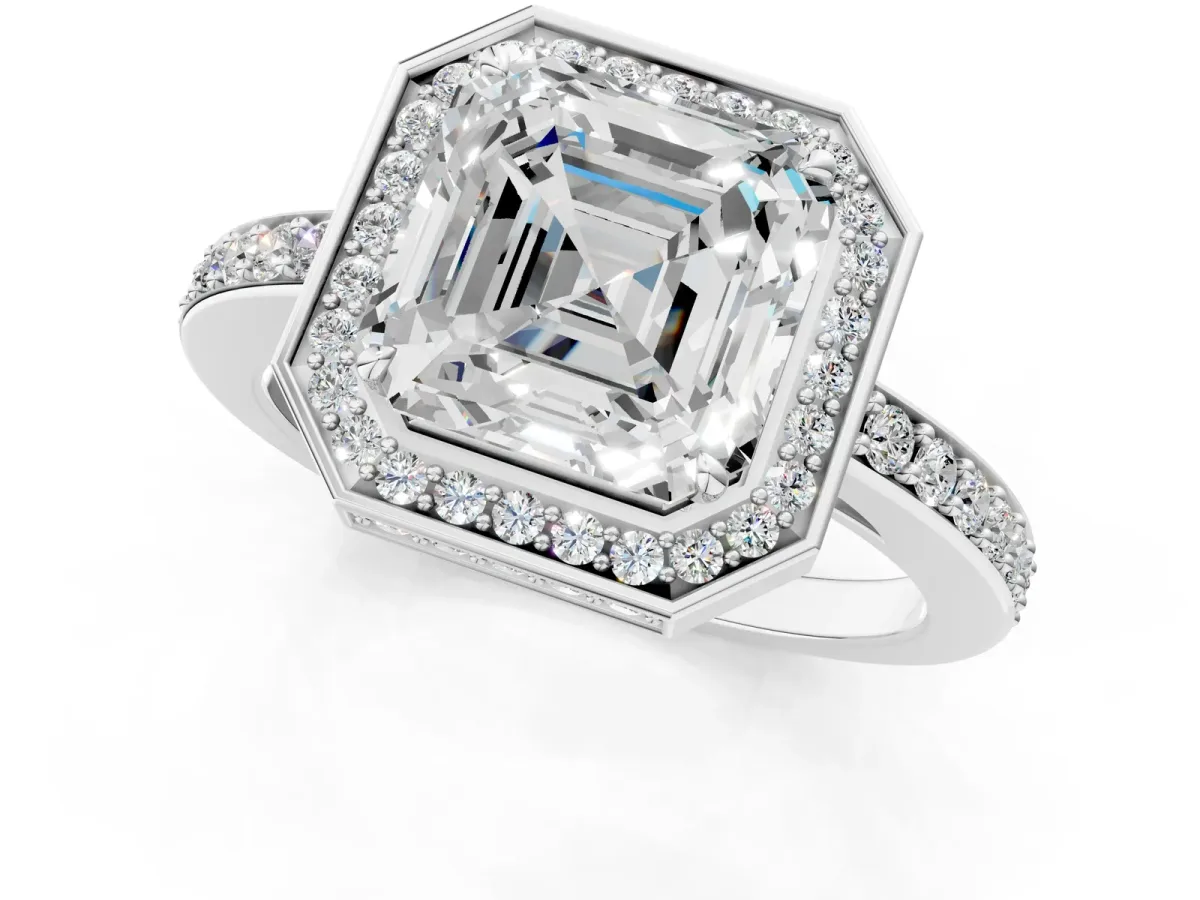 Asscher Cut Halo Pave Band Solitaire Ring with Prong Setting Platinum