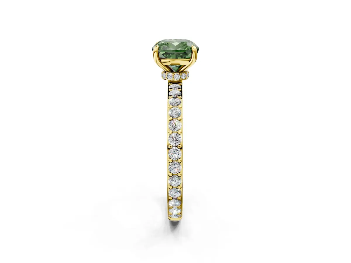 Fancy Green Cushion Cut Diamond Solitaire Engagement Ring with Pavé Band and Four-Prong Setting Yellow gold