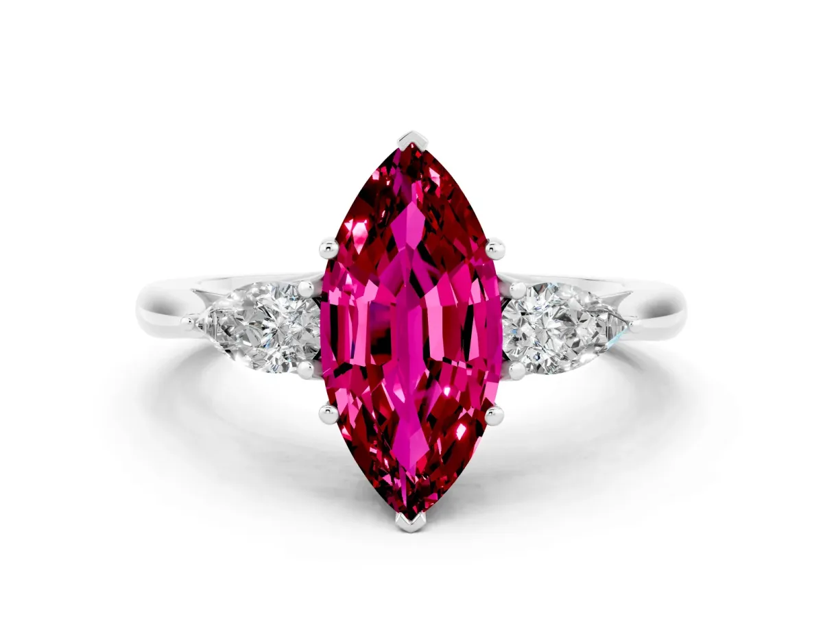 Marquise Cut Garnet Three-Stone Ring with Pear Side Stones and Prong Setting Silver