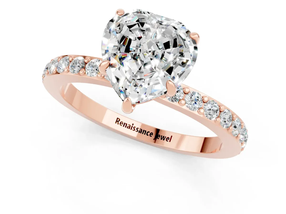 Heart Cut Moissanite Solitaire Engagement Ring with Pavé Band and Four-Prong Setting Rose gold