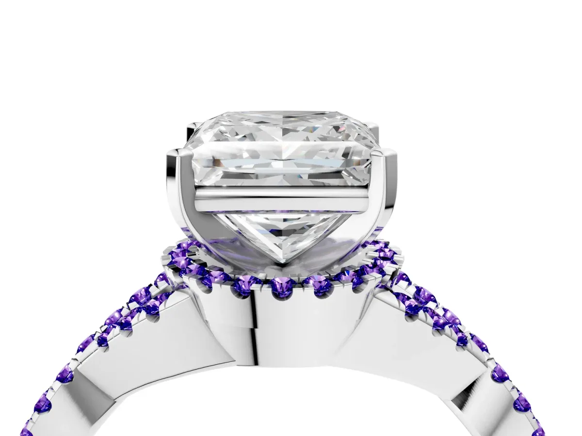 Princess Cut Diamond Tanzanite Halo Twist Band Solitaire Prong Setting Ring White gold