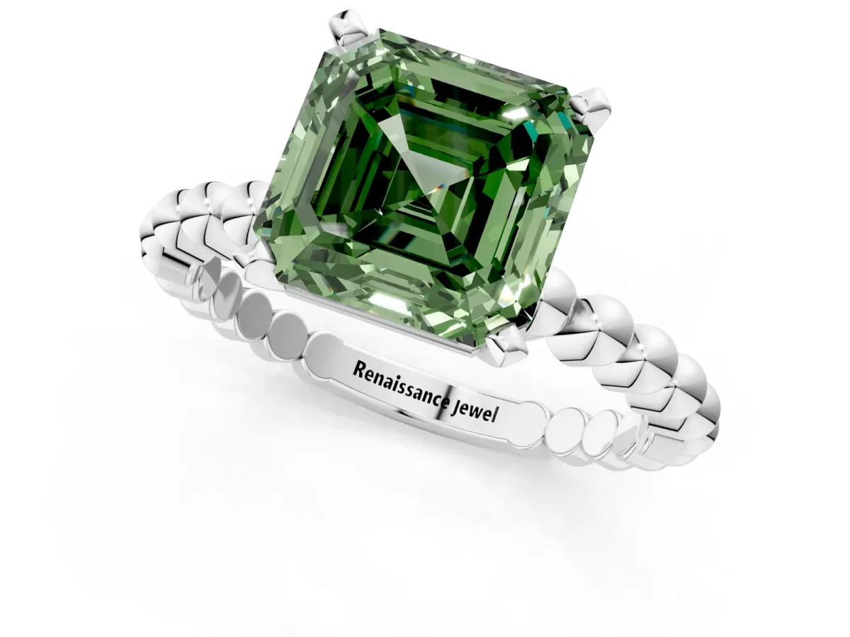Fancy Green Asscher Cut Diamond Solitaire Ring with Beaded Band and Prong Setting Platinum