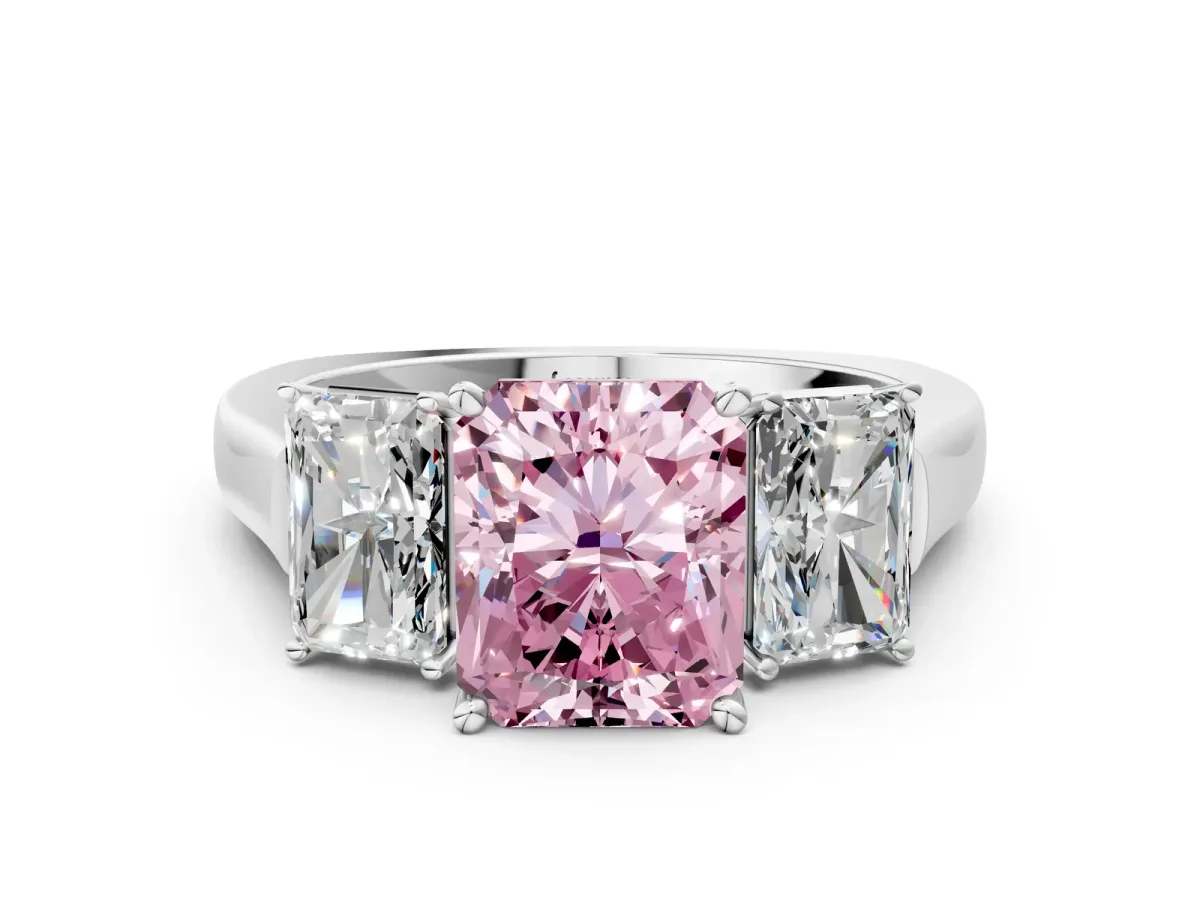 Fancy Pink Three-Stone Radiant Cut Brilliant Diamond Trellis Ring with Comfort Fit Band Platinum