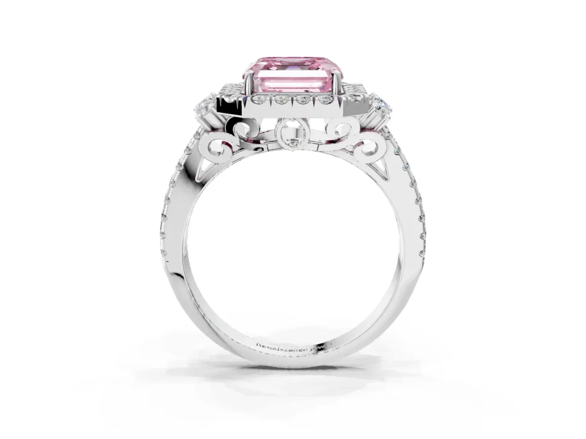 Fancy Pink Asscher Cut Cut Double Halo Diamond Engagement Ring with Pave Band and Four-Prong Setting Platinum