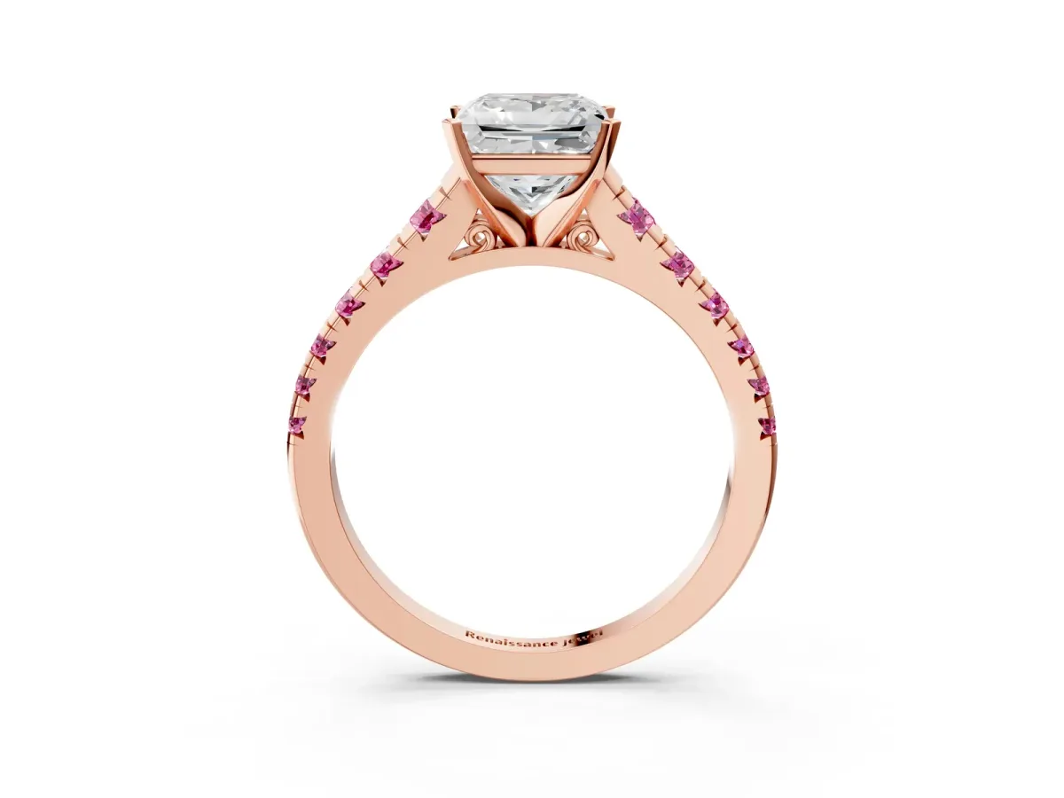 Princess Cut Diamond Cathedral Solitaire Ring with Round Pink Sapphire Pavé Band Rose gold