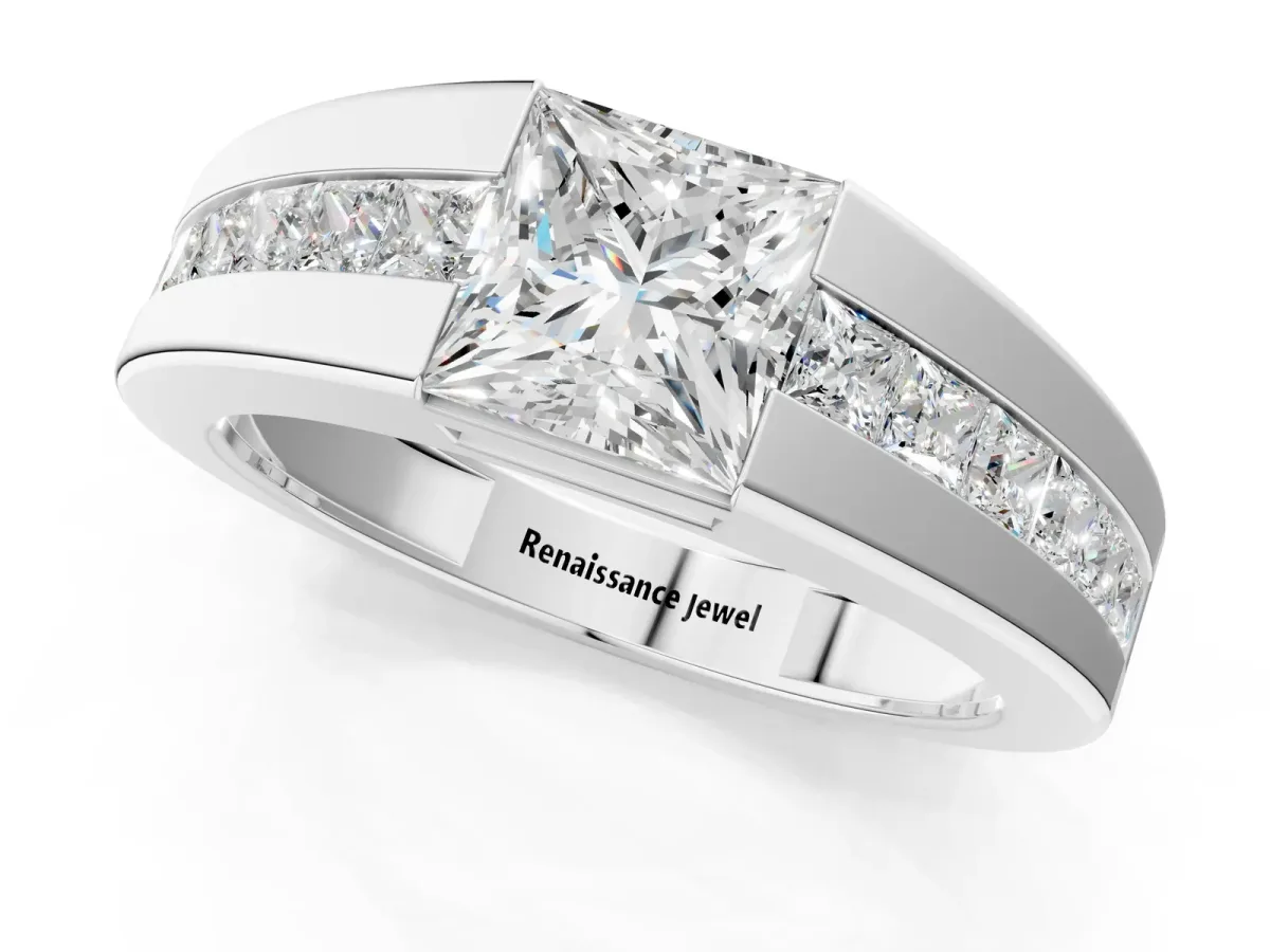Princess Diamond Channel Set Mens Ring White gold