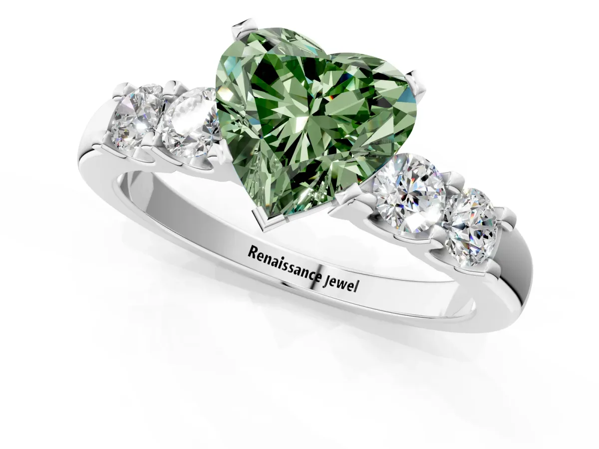 Fancy Green Heart Cut Brilliant Cut Diamond Five-Stone Prong Set Engagement Ring with Channel Band Platinum