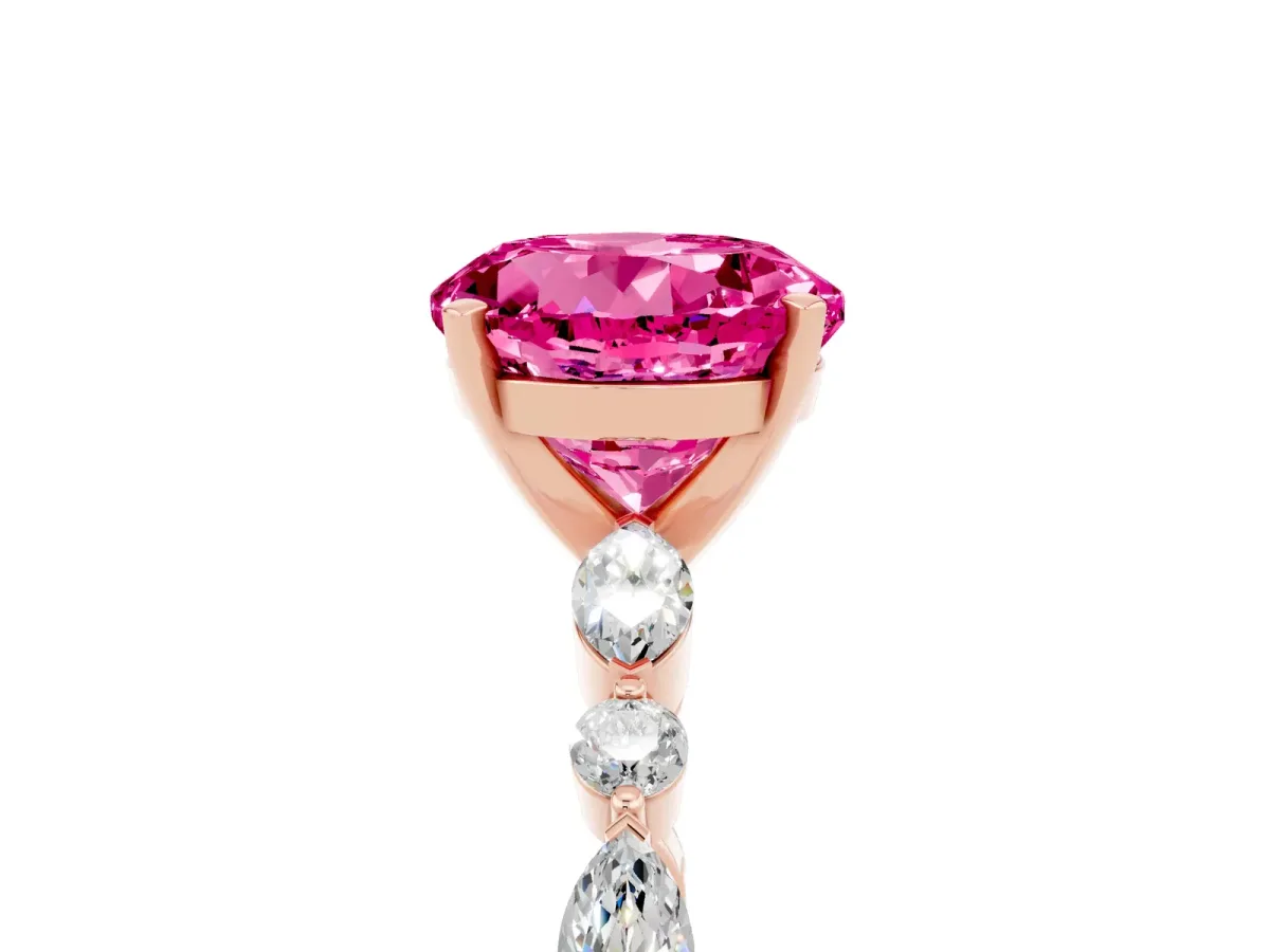 Round Cut Pink Sapphire Ring with Marquise and Round Side Stones and Four-Prong Setting Rose gold