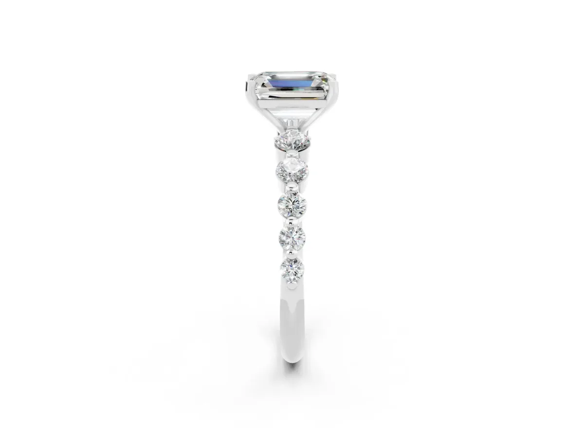 Emerald Cut Solitaire Moissanite Ring with Pave Band and Four-Prong Setting Silver