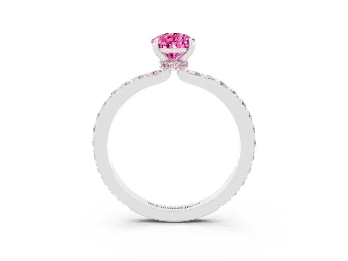 Pear Cut Pink Sapphire Solitaire Engagement Ring with Pavé Band and Four-Prong Setting White gold