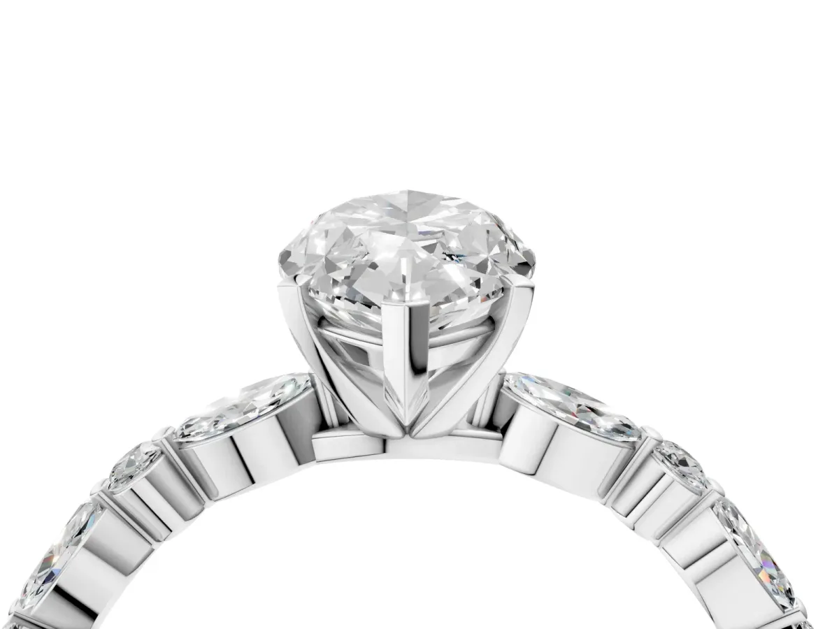 Marquise Cut Diamond Ring with Marquise and Round Moissanite Side Stones and Four-Prong Setting Platinum