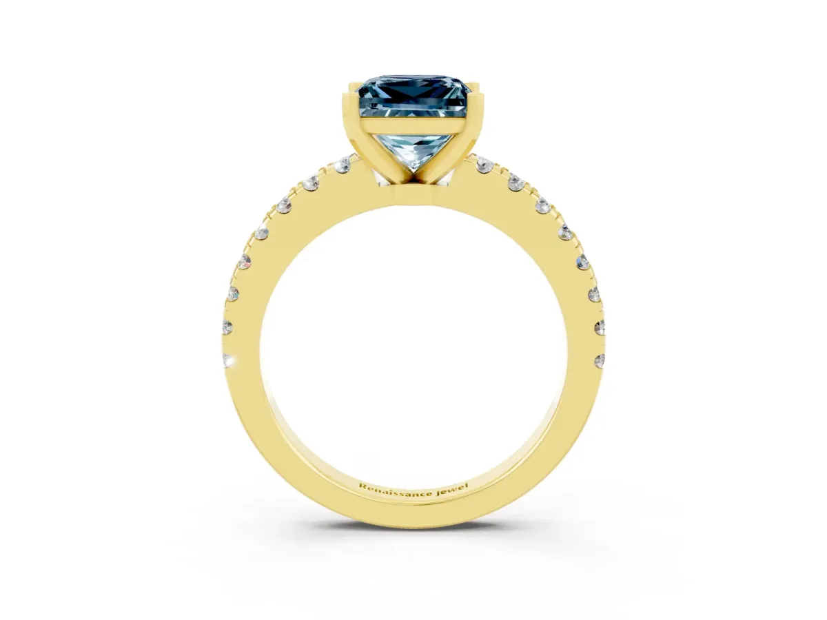 Princess Cut Solitaire Aquamarine with Pavé Band and Four-Prong Setting Yellow gold