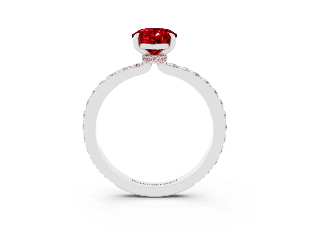 Oval Cut Ruby Solitaire Engagement Ring with Pavé Band and Four-Prong Setting White gold