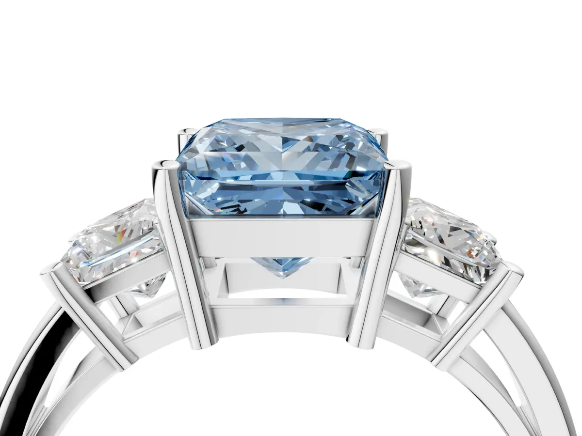 Fancy Blue Three-Stone Princess Cut Cut Solitaire Ring with Prong Setting Platinum
