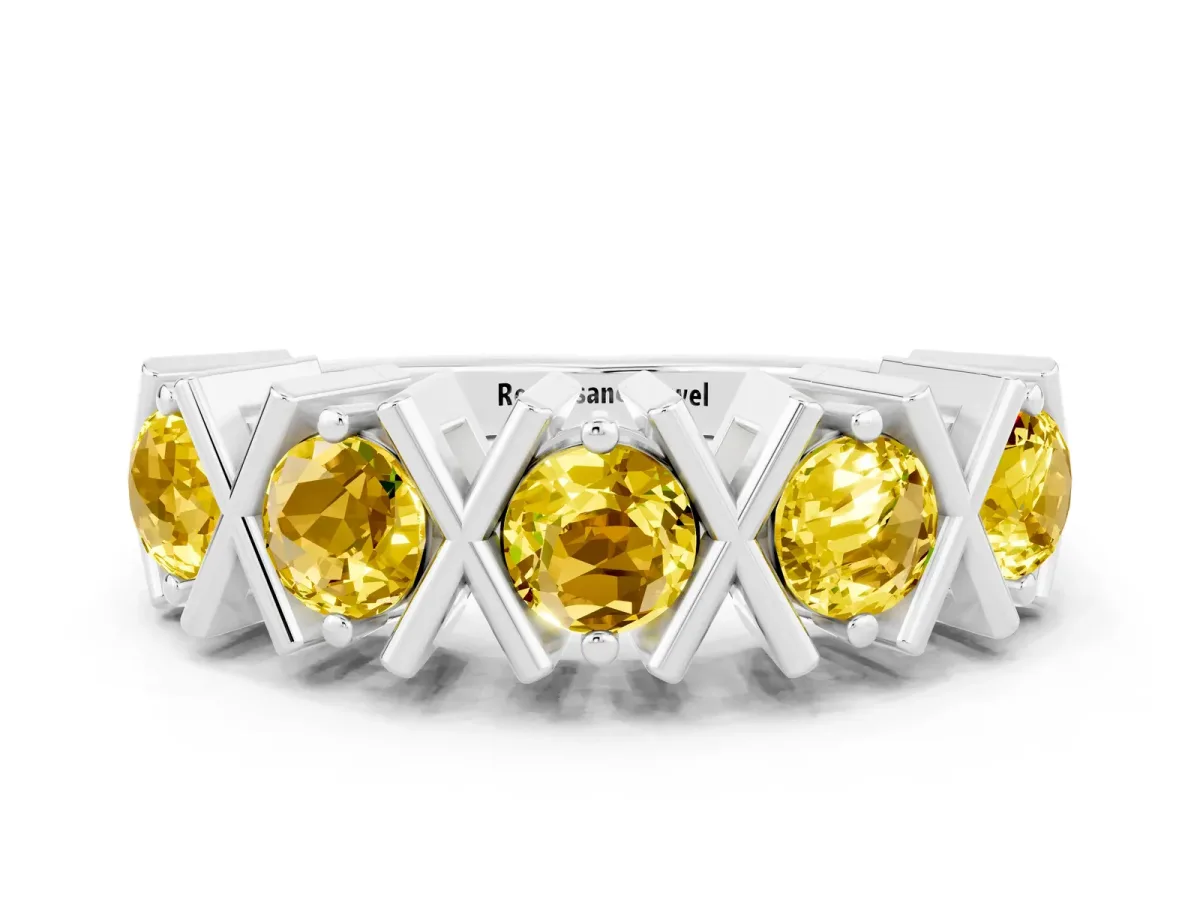 Round Yellow Sapphire Channel Set Band with X-Prong Detail White gold