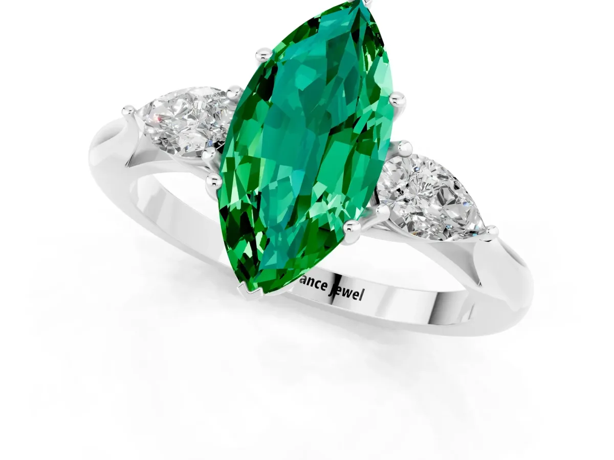 Marquise Cut Emerald Three-Stone Ring with Pear Side Stones and Prong Setting White gold